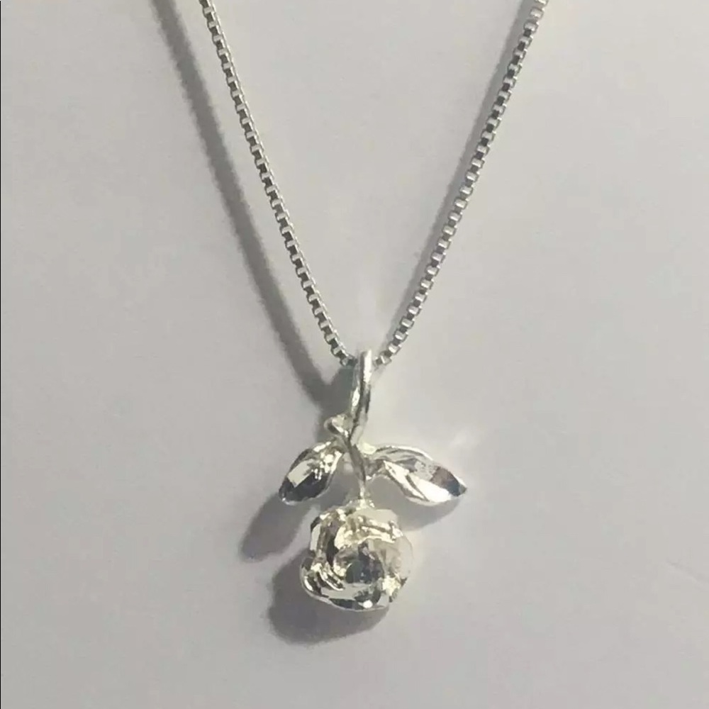 Sterling Silver Single Short Stem Rose Necklace